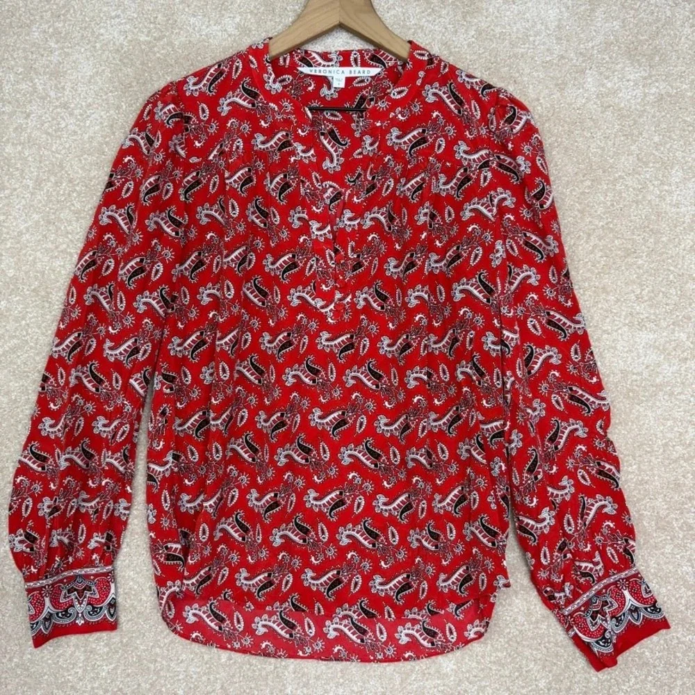Veronica Beard Silk Blouse‎ Size 8 Red Abbie Paisley Top - Picture 4 of 10